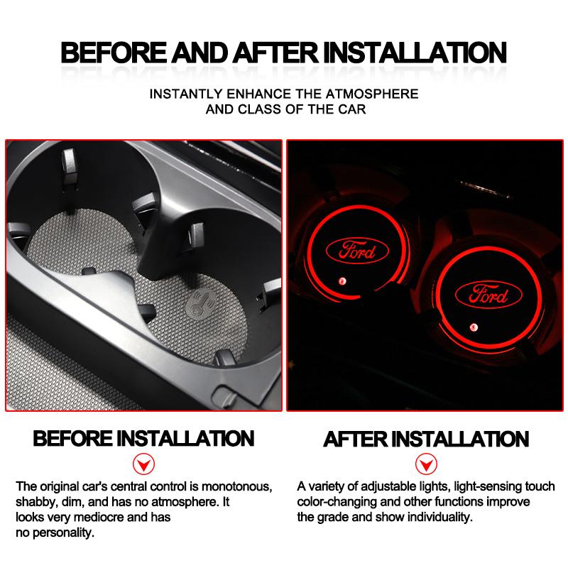 Car Sticker 2PCS Car 7 Colors Water Coaster Color Ambient Light Car Cup Holder Luminous Coaster Mat For Ford Mondeo Focus 3 4 Fi