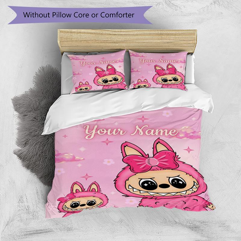 Pink Bunny Theme Custom Name Text Print 1Pc Bedding Set Duvet Cover With Two Pillowcases Soft Bed Linen For Household Bedroom