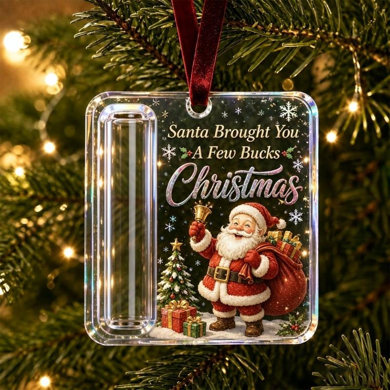 Christmas Cash Gift Ornament in Clear Acrylic with Built-In Money Holder and Hanging Ribbon for Tree Decors Display