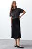 Women's Fashion Black Satin Woven Midi Skirt