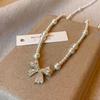 Pearl Silver Bowknot Necklace Pendant Simple Pendant Chain Temperament Bow Necklace Pendant  Daily