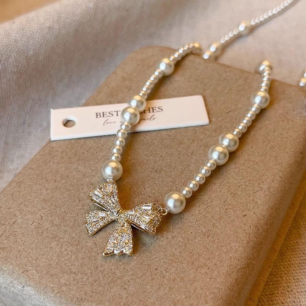 Pearl Silver Bowknot Necklace Pendant Simple Pendant Chain Temperament Bow Necklace Pendant Daily