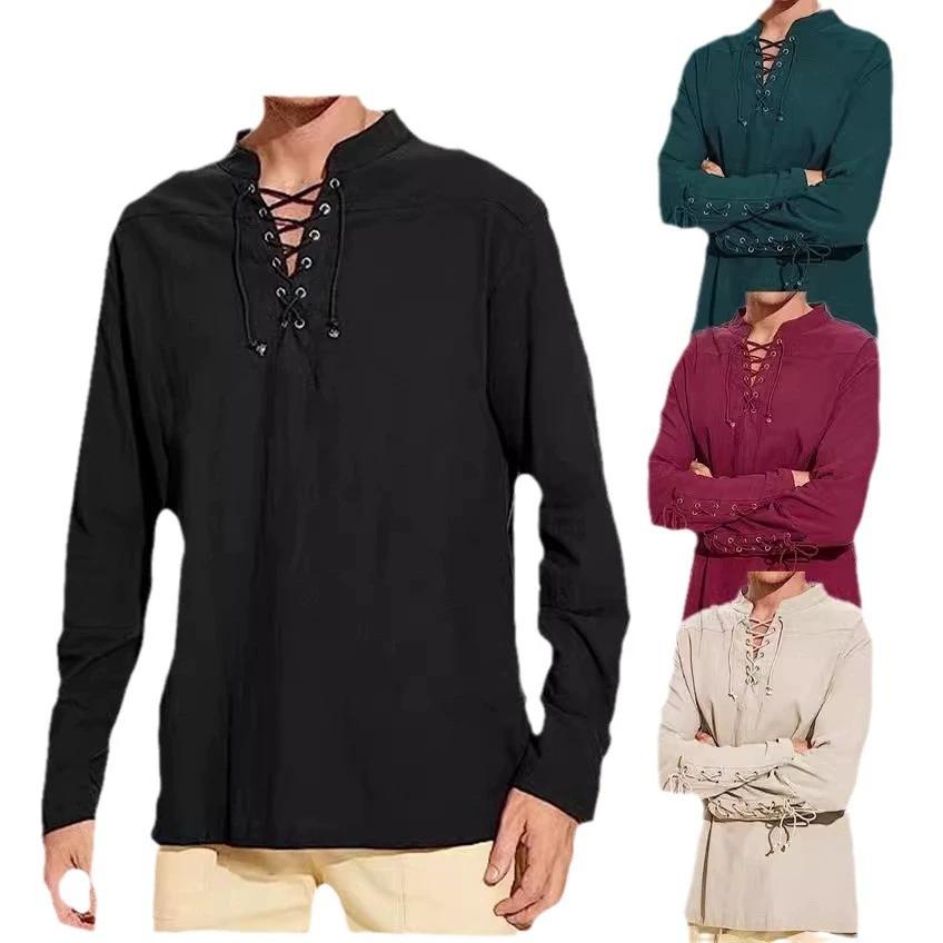 Cotton Linen Shirts for Men Medieval Costume Beach Tops Shirt Pull On Male Loose Casual Streetwear Cosplay Long Sleeve