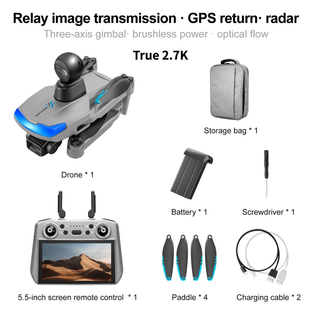 Новый профессиональный дрон S185 GPS Return 5G True 2.7K HD с двумя камерами, пультом дистанционного управления, сенсорным экраном, 3-осевым PTZ-управлением и функцией обхода препятствий