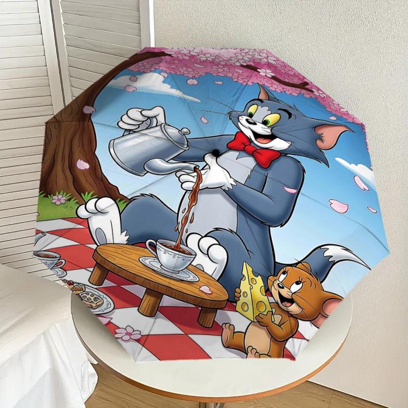 1pc Tom and Jerry picnic Automatic Open/Close Umbrella Compact Folding Umbrella with 8-Rib Shaft lightweight esign, for Women/Men1155A