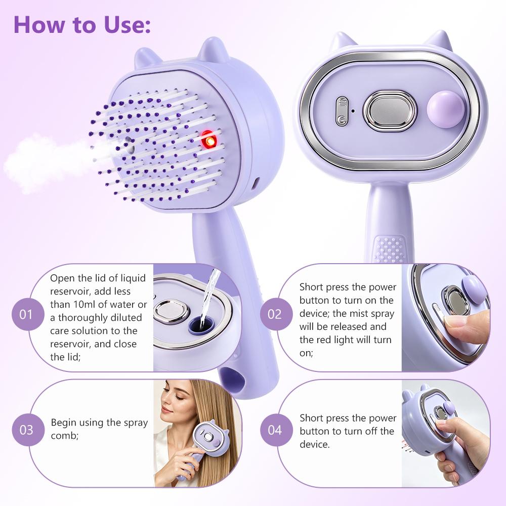 Spray Comb with LED Light 3-in-1 Nano Mist Hair Brush Silicone Massage Comb, Detangling Travel Comb Water Spray Dry Hair Care