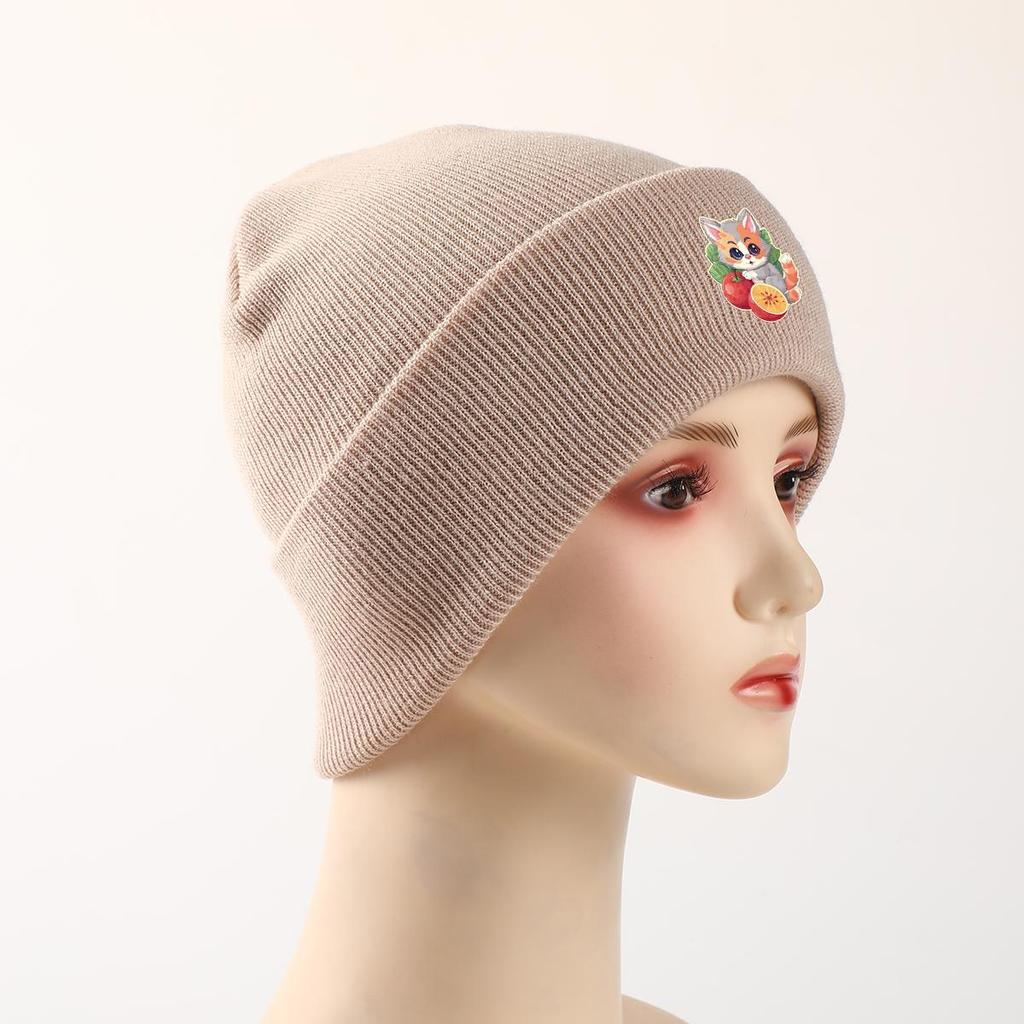 Cat Fruit Print Knitted Hat Beanie, Man Cap Elastic Candy Color Trendy Pompom Beanies Knit Cap Beanie