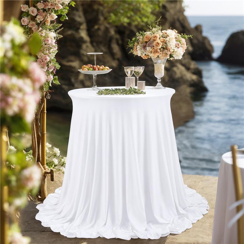 Cocktail Table Covers 32"x 43" Champagne Cocktail Table Tablecloth with Natural Wavy Round Skirt for Bar Wedding Party Banquet Decoration