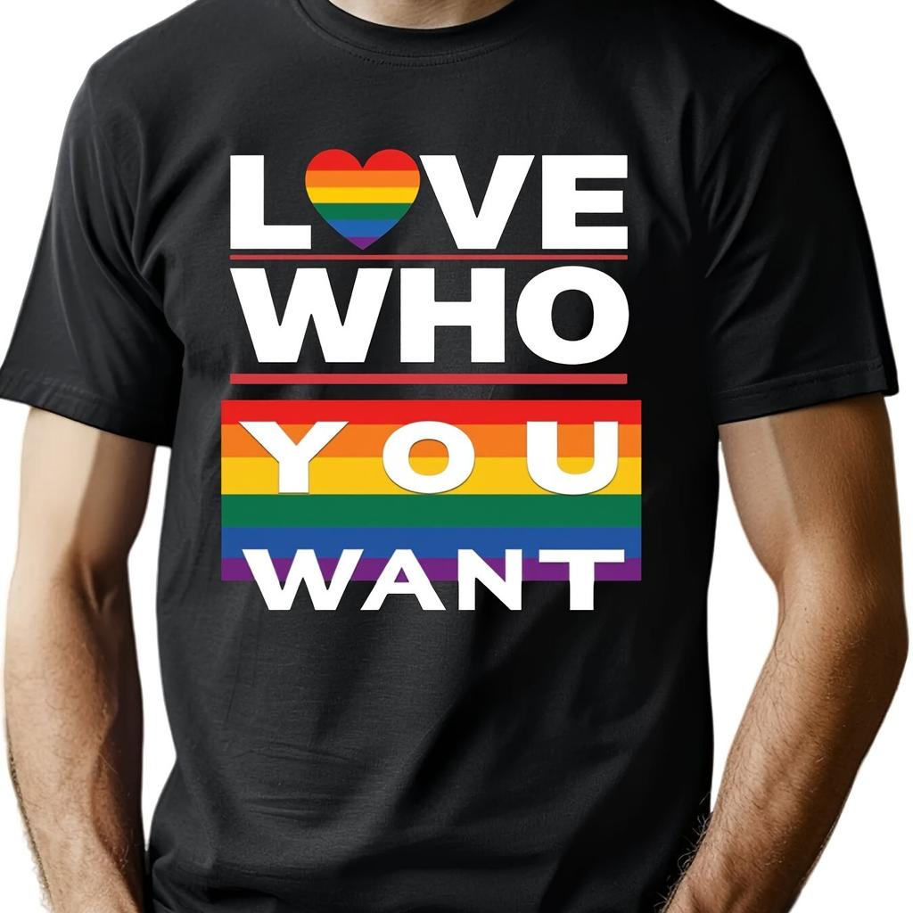 Love Who You Want Rainbow Heart Pride Graphic Tee Soft Cotton Unisexs Casual Tshirt Daily Wear