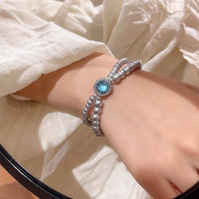 Корейский браслет Dreamy Blue Zircon & Pearl для женщин - Элегантный дизайн креста