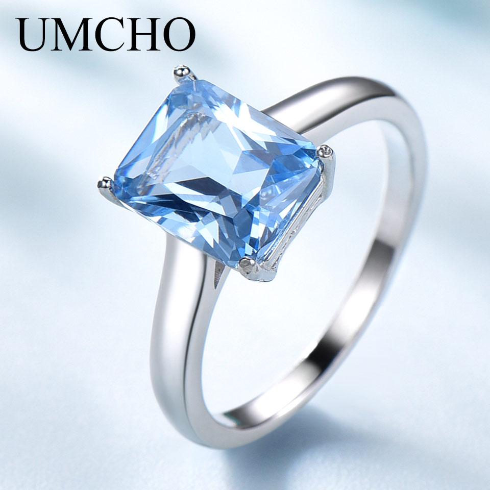 Umcho Sky Blue Topaz Gemstone Wedding Jewelry Sets for Women 925 Sterling Silver Engagement Rings Necklace Pendant Clip Earrings