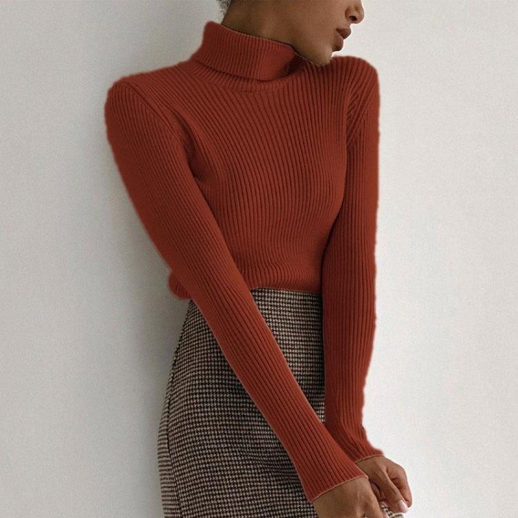Женский осенне-зимний облегающий вязаный свитер с высоким воротом, длинным рукавом, однотонный, универсальный базовый