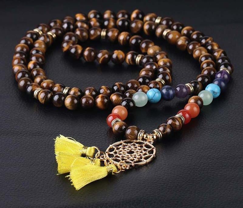 Браслет-четки из 108 бусин, индийский позолоченный браслет «Ловец снов», натуральный кристаллический камень, 7 чакр, браслет для йоги