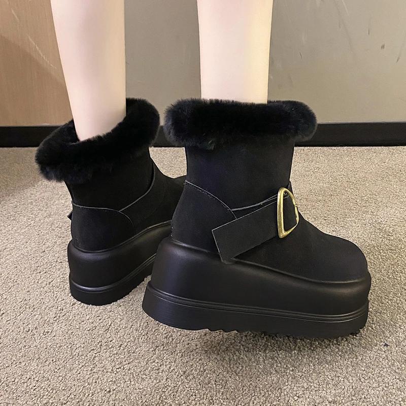 Мода 8 см Новые Женские Теплые Плюшевые Снежные Ботинки Нескользящие Зимние Ботинки Замшевая Кожа Массивные Кроссовки Толстый Мех Высокая Платформа Ботильоны