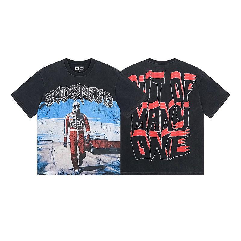 Premium Cotton Oversized Graphic Tee Men Women Skull Letter Print Washed Vintage Style Loose Fit Casual T-Shirt