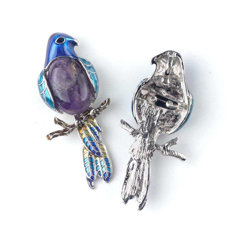 Alloy Inlaid Natural Crystal Agate Parrot Brooch Pendant, Gemstone 2-in-1 Pin & Necklace for Women