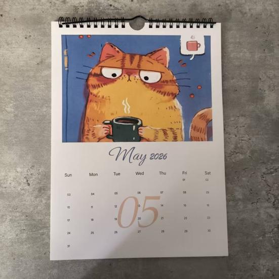 2026 Hand-Painted Cat Wall Calendar 12-Month Planner Feline Illustrations Thick Paper Calendar Gift for Pet Lovers