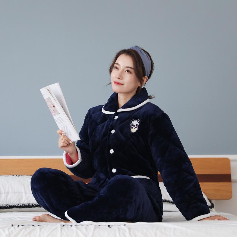 Пижама женская зимняя утолщенная трехслойная стеганая из хлопка и флиса для сохранения тепла, большого размера, можно носить как домашнюю одежду из кораллового флиса