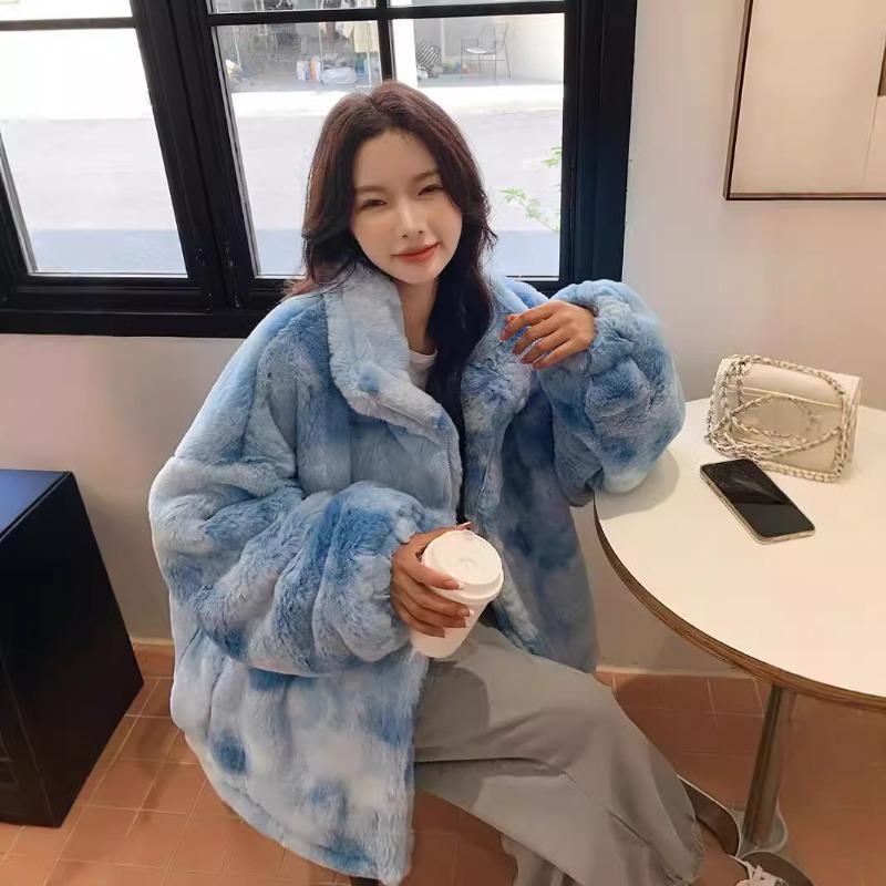 Winter Tie-dye Fur Rabbit Fur Jacket Medium and Long Large Size Lapel Women's Clothing Zipper Printing Plush Clothes Thick