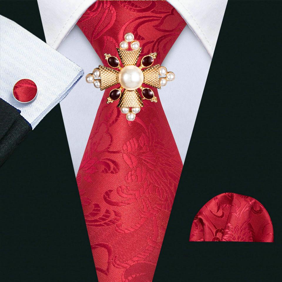 16 стилей галстука с жемчужной брошью для мужчин, тканый галстук с узором пейсли, носовой платок, запонки, комплект, свадебный формальный комплект