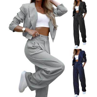 Женский темпераментный повседневный полосатый костюм с короткими лацканами и прямыми брюками