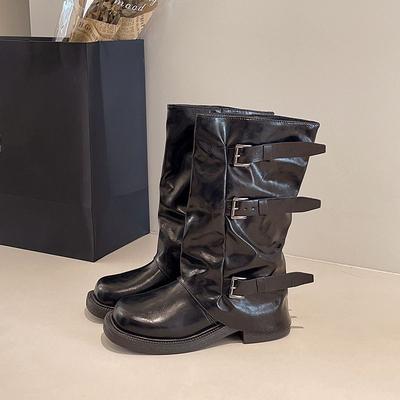 Брюки Ковбойские сапоги Инс сапоги Пряжка ремня Плиссированные На толстой подошве Сапоги средней высоты Женские Новые осенне-зимние модели