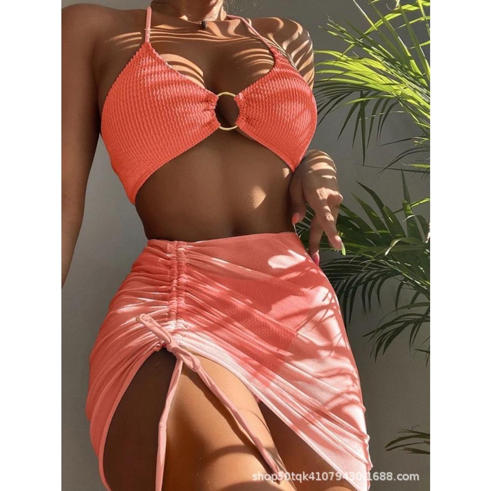 European and American Split Swimsuit Women's Slim-Fit Solid Color Sexy Swimsuit Halter Three-Piece Bikini