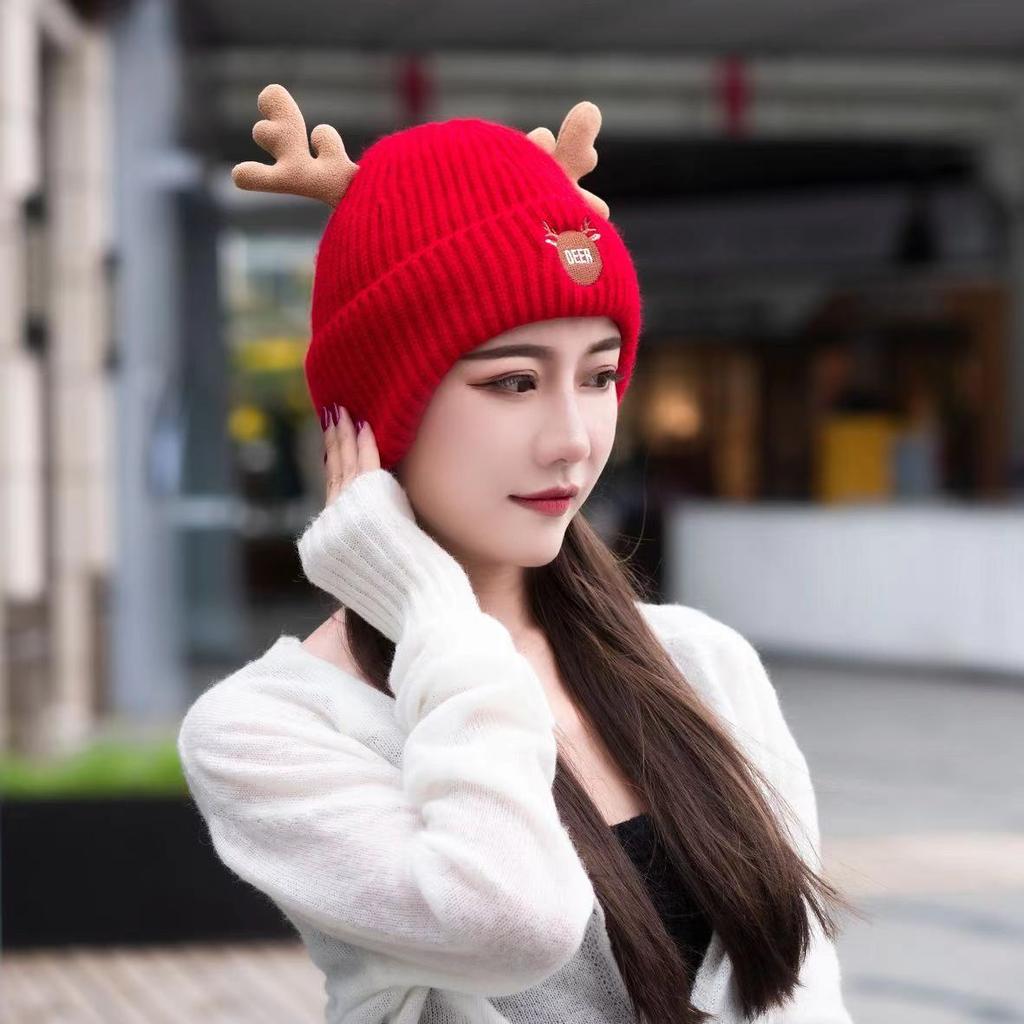 Christmas Antler Hat, Ear Protector, Knitted Wool Hat, Plush Thermal Pullover Hat, Outdoor Outing, Cute Elk