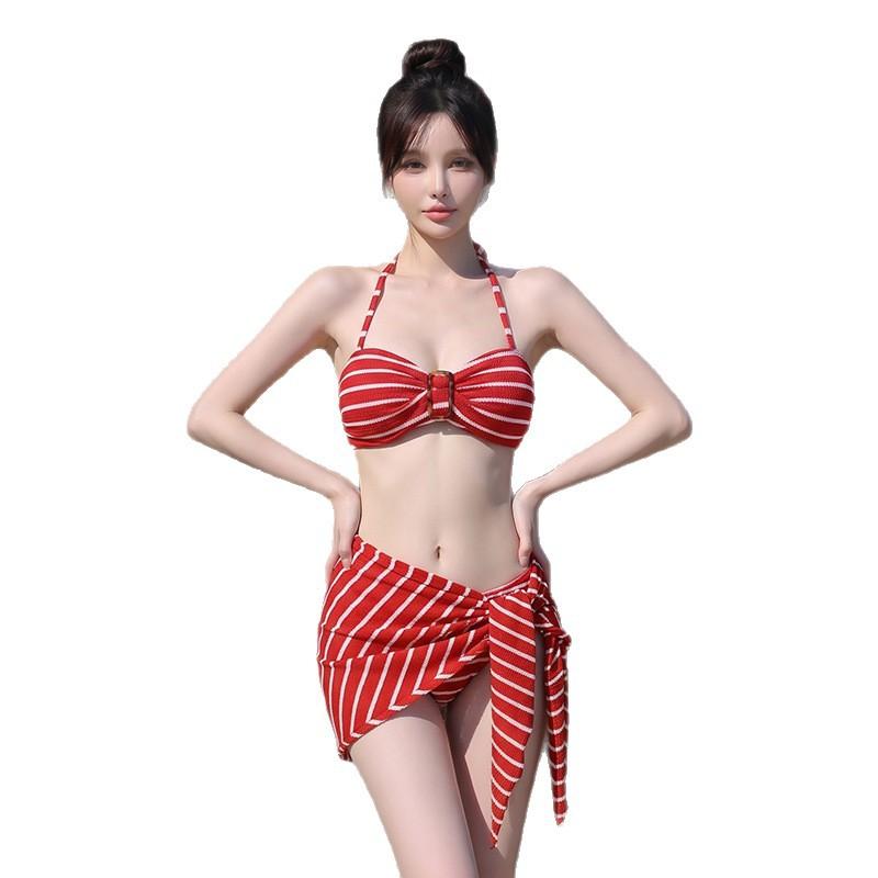 Swimsuit female sexy red stripes pure white bikini small breasts gather split seaside vacation hot spring swimsuit