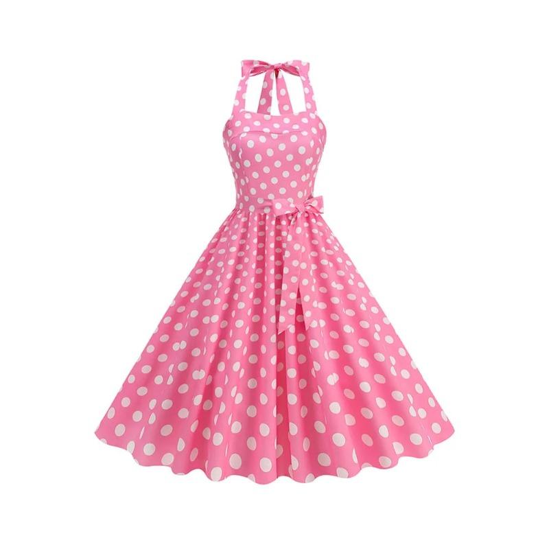 Women's Vintage High-Waist Polka Dot Party Dress Summer 50s Style Robe Beachwear Large Size Female Clothing with Belt