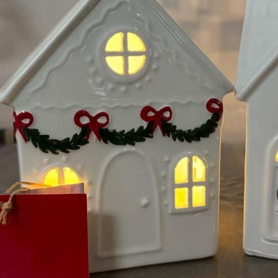 Yousheng Christmas Mini Village House Figurine LED Lighted Winter Resin Town Cottage Tiny Desktop White House Ornament for Home Shelf Cabinet Table