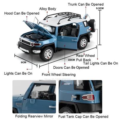 1:Игрушечная модель автомобиля FJ Cruiser в масштабе 24, металлическая литая, внедорожник, звук, свет, резиновые шины, модели внедорожников, симуляция, подарки для мальчиков