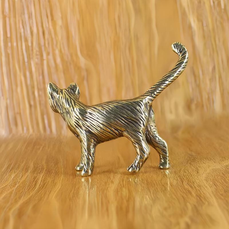 Retro Brass Little Cat Statue Creative Interesting Mini Long-Tailed Cat Tabletop Ornament Miniature Home Decor Tea Pet Crafts