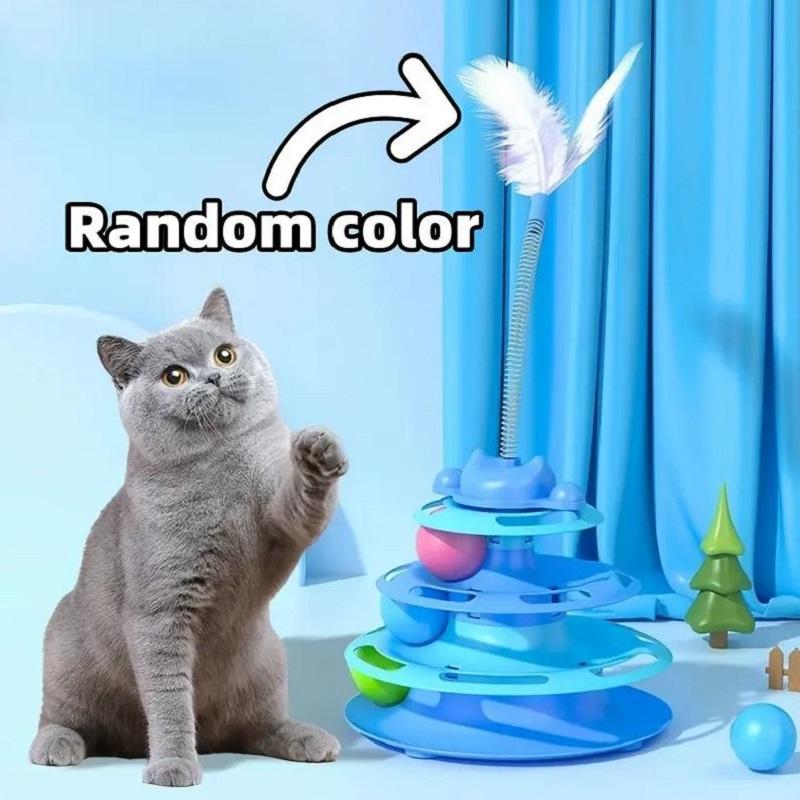 Интерактивная игрушка для кошек Башня для котят Вращающаяся дорожка Роликовые шарики Игрушки с перьями Принадлежности для тренировки питомцев Игрушка для кошачьей башни
