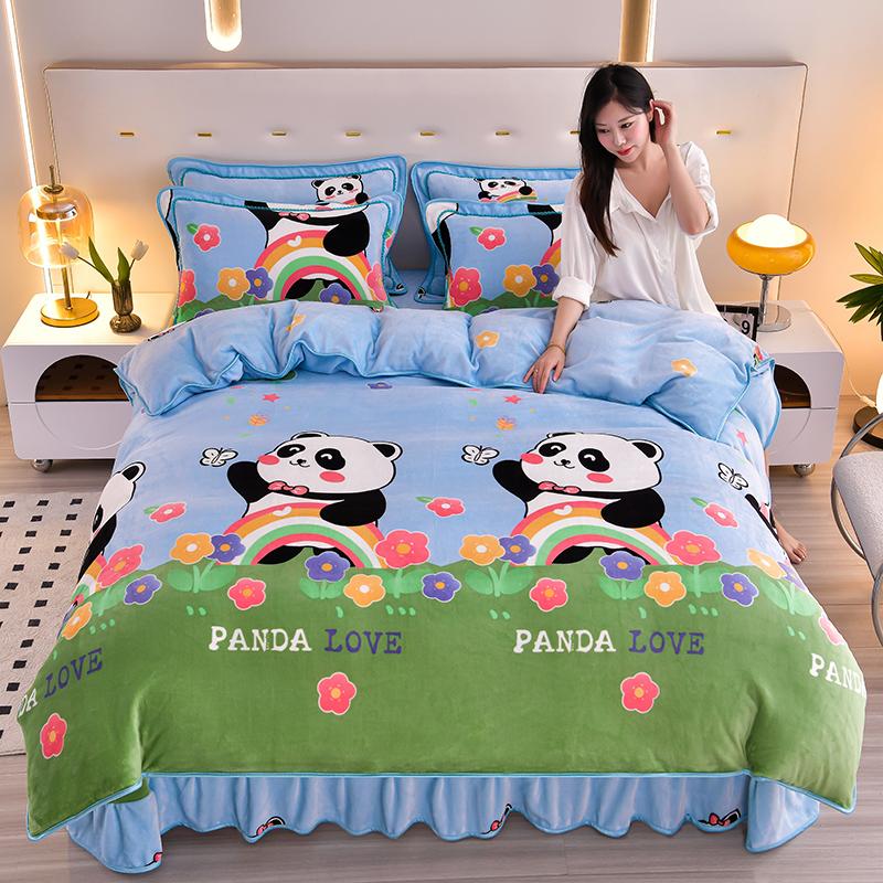 Premium Cartoon Panda Duvet Cover 1 Piece Floral Rainbow Quilt Cover Soft Warm Winter Flannel Comforter Cover Reversible Kawaii Bedding