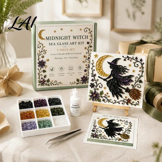 Thoughtful Gift for Relatives Halloween Sea Glass Art DIY Kit Ghost Black Cat Owl Raven Pumpkin Customizable Handmade Decor Mosaic Craft Set,