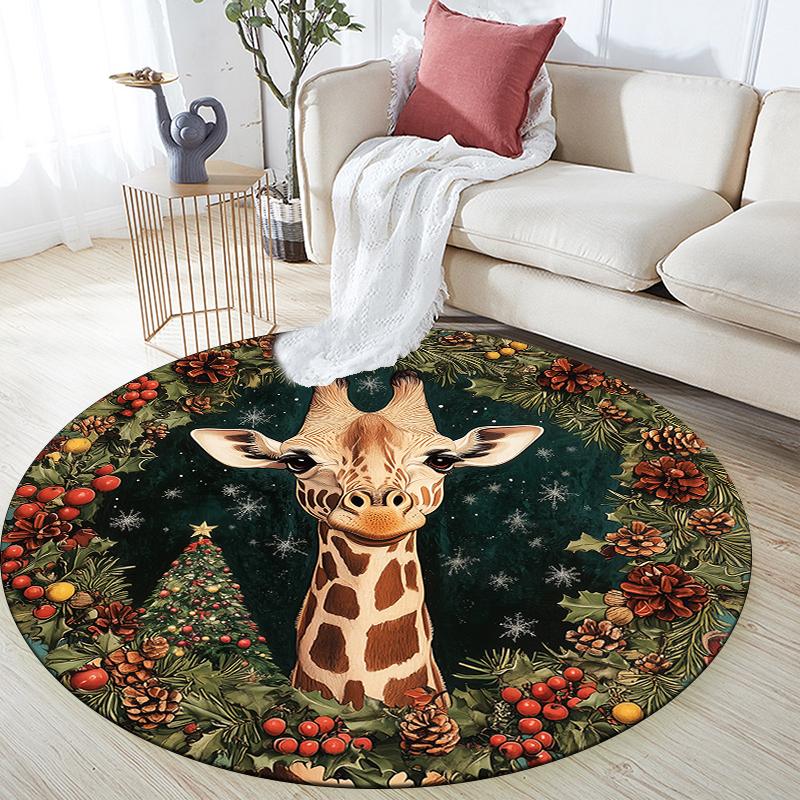 Giraffe with Wreath pattern round rug,Carpet Rug for Living Room Bedroom Sofa Playroom Decor,Non-slip Floor Mat,Holiday Gifts and Birthday Gifts