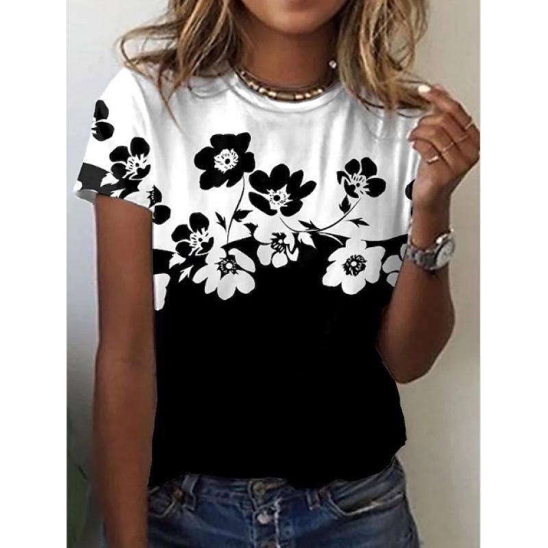 Summer Round Neck 3D Flower Print Top Fashionable Casual Short Sleeved Women's T-shirts