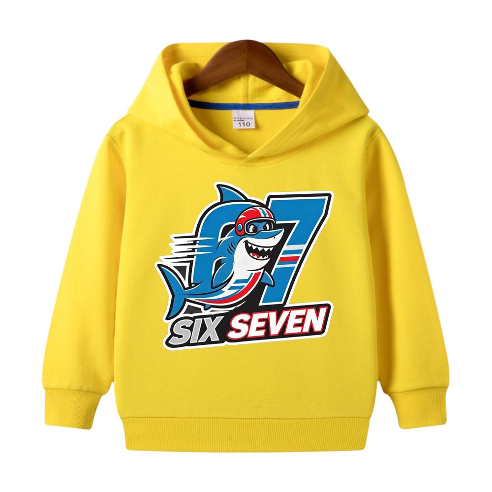 Stylish Shark Graphic Funny Six Seven 67 Letter Pullover Hoodie Boys Girls Kids Autumn Comfort Long Sleeve Tops
