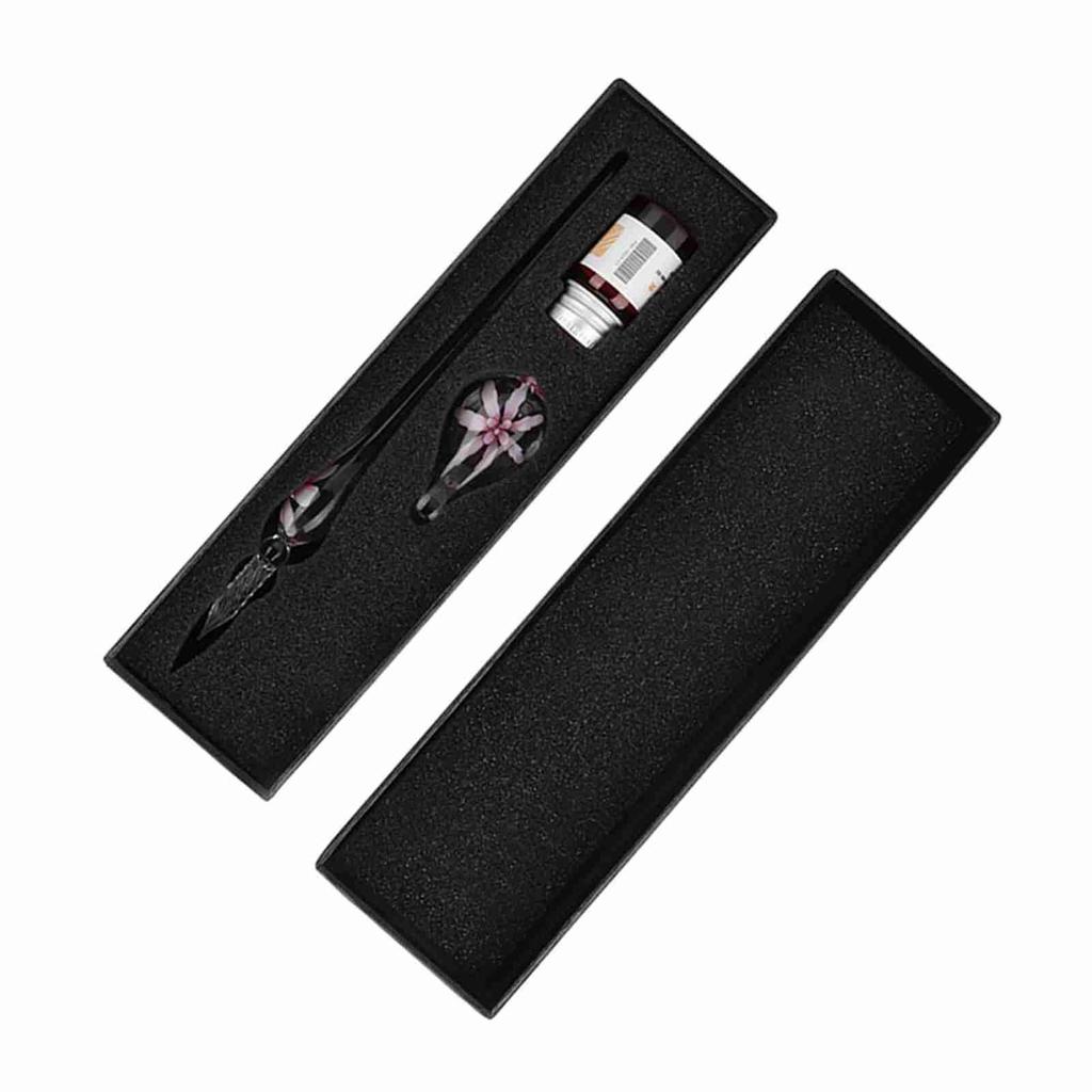 Retro Elegant Flower Glass Dip Pen Signature Ink Fountain Pen with Ink Penholder Pink