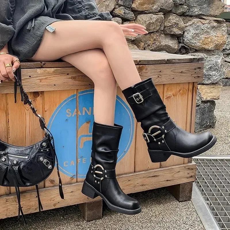 Women's Cowboy Boots Autumn Winter Fashion Casual Platform Shoes Woman Mid Heel Round Toe Punk Leather Boots Ladies Footwear
