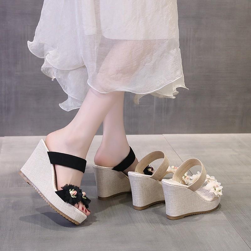 2024 Hot Selling Summer Women's Shoes Fashion Open Toe Large Size Cloth Flower Decorated Women's Super High Heel Slippers
