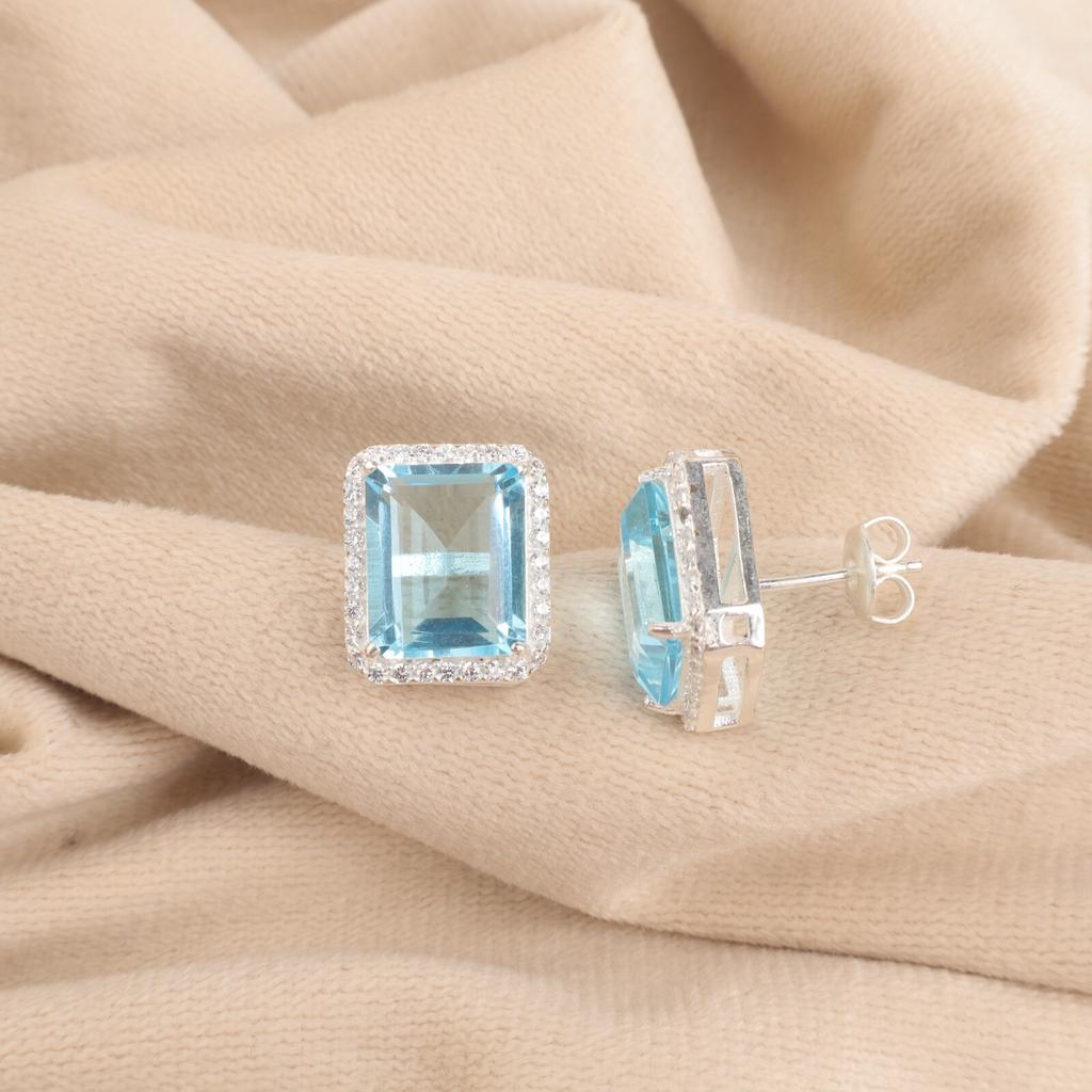 Sky Blue Topaz Gemstone 925 Sterling Silver Jewelry Zircon Stud Earrings 0.57" CZE-6-9