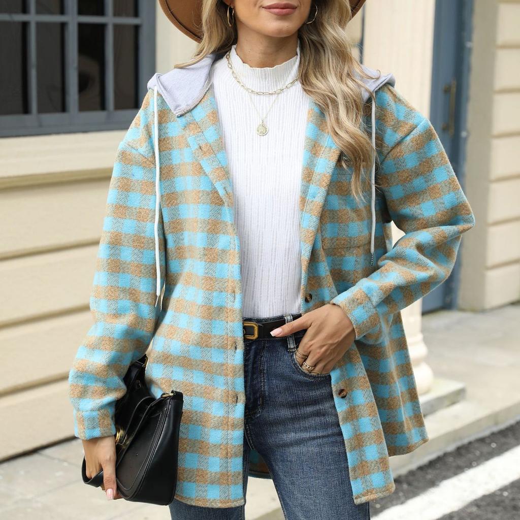 Женский свободный повседневный клетчатый топ с капюшоном и однобортным шерстяным пальто