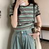 Korean Style Striped Knitted Short-sleeved Women's New Summer Lazy Loose Age-reducing Versatile Ice Silk Top Thin