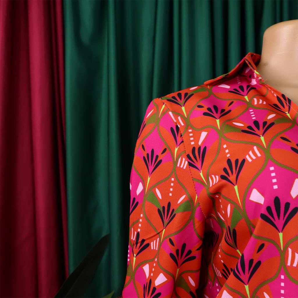 YYFS Женская мода повседневная весна осень цветные блоки принт длинный рукав поло воротник блузки и рубашки брюки костюмы