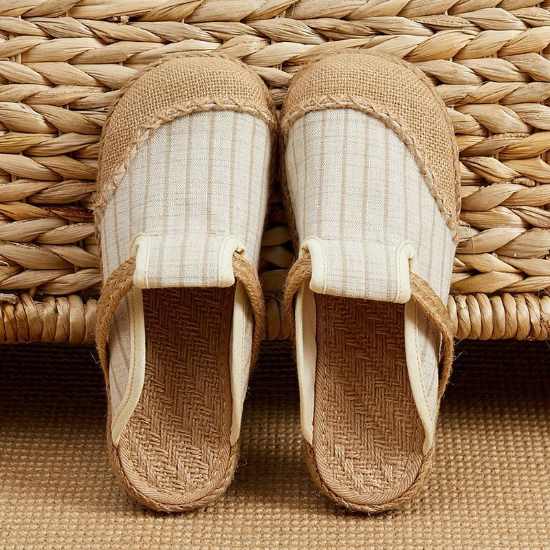 Johnature Summer Shoes Women Slippers Striped Cotton Hemp Outside Slides Flat With Leisure Concise Ladies Slippers