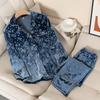 Pajamas for Women Velvet 2PCS Set Full Sleeve Shirt Pant Spring Autumn Letter Sleepwear Loose Nightwear Velour Sleep Set