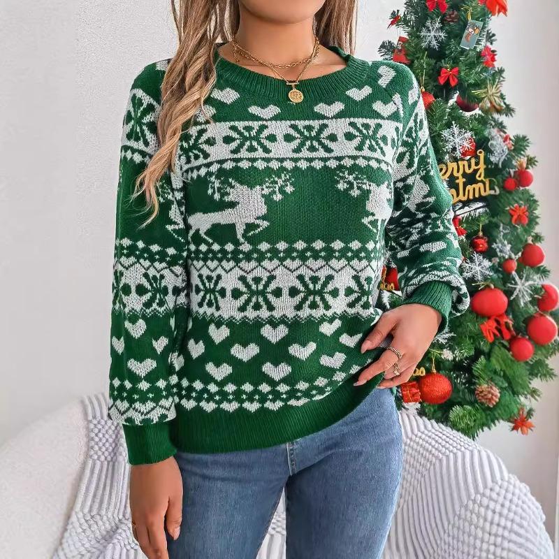 Autumn and Winter Christmas Fawn Pattern Women's Long-sleeved Pullover Sweater, Warm and Comfortable Women's Tops In a Festive Atmosphere