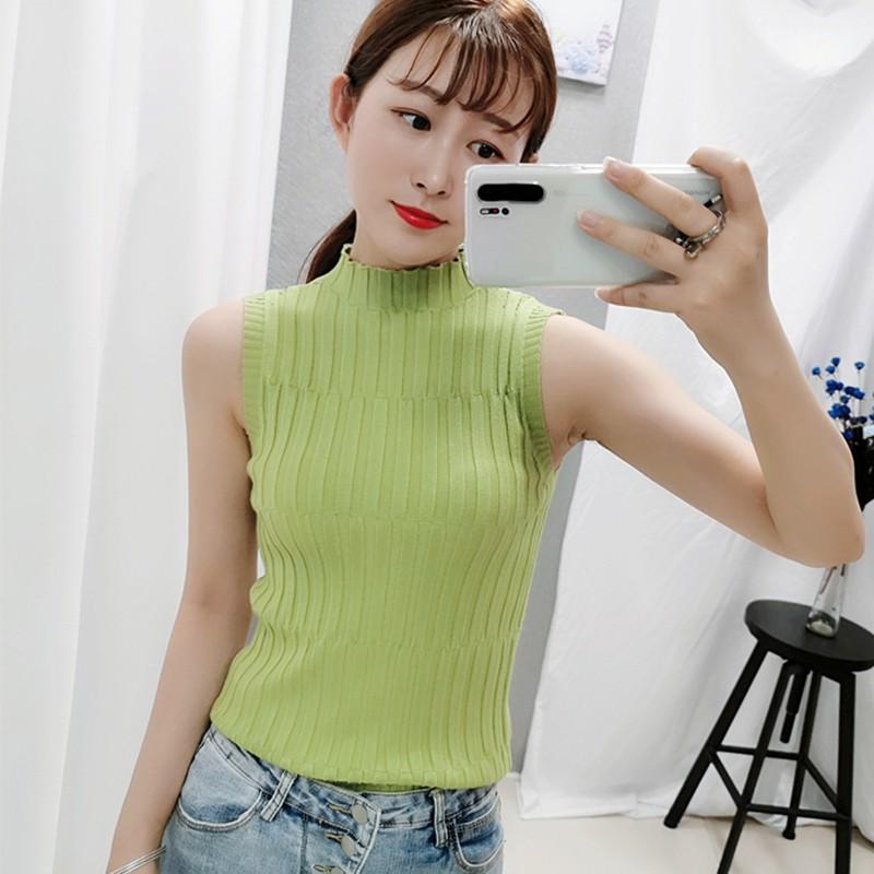 Women Solid Half Turtleneck Slim Knitted T-Shirt